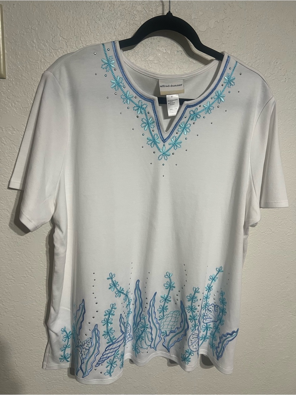 Alfred Dunner White Short Sleeve Tee with Blue Turquoise Embroidery